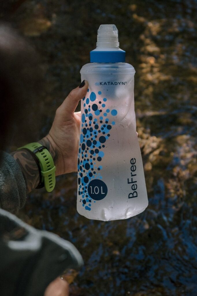 A very important one on the list of the ten essentials - WATER. This image shows a Katadyn 1.0L water filter bottle.