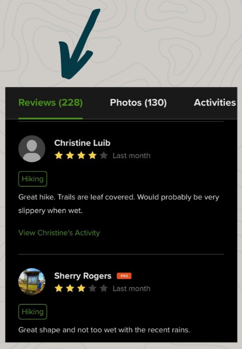 This image shows where you can find reviews in the All Trails app to help with choosing the best hiking trail